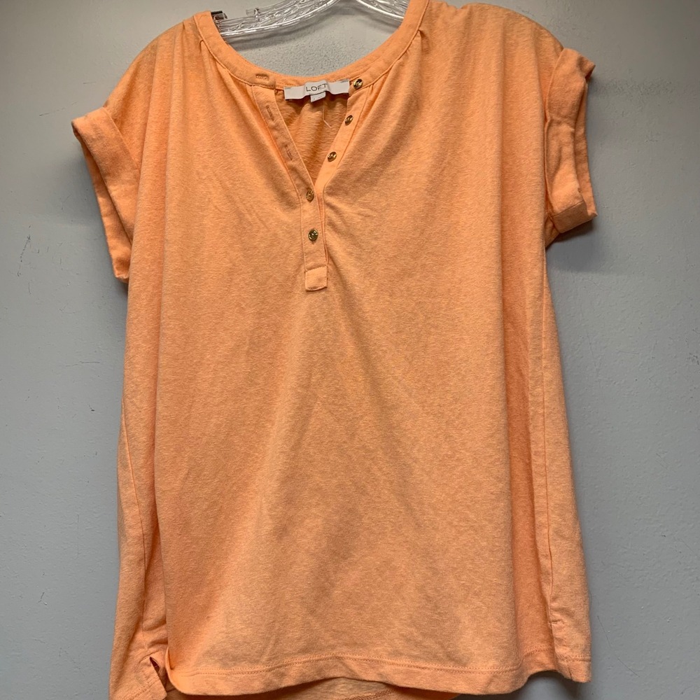 LOFT Henley Top Women Small Peach Excellent‎ Short Sleeve Rolled Cuff Slub Tee
